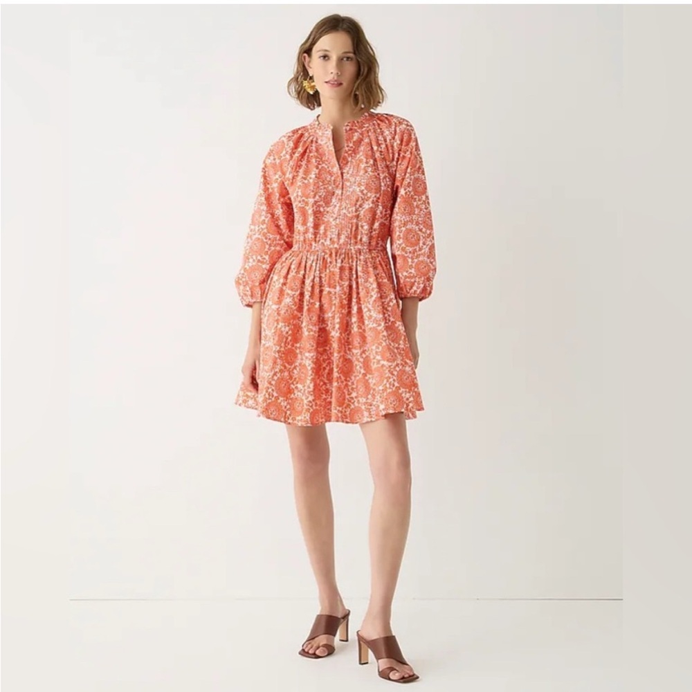 J. Crew Orange Pink Smocked Bishop Sleeve Mini Dress
